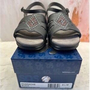 SAS Huarache Quarter Strap Womens Leather Sandals 9.5M Black Excellent Comfy USA